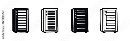 Detailed Server Rack Icons. Data Center Equipment Vector Set. Network Server Cabinet Collection.