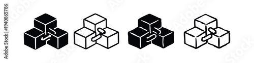 Connected Cubes Icons Set. Blockchain Data Vector. Modular System Glyph Collection.