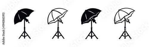 Studio Light Umbrella Icon Set. Photography Flash Softbox and Stand Symbols. Photo Equipment Vector Illustrations.