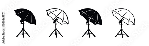 Photography Studio Light Umbrella Icon Collection. Flash Softbox and Tripod Symbols. Photo Lighting Vector.
