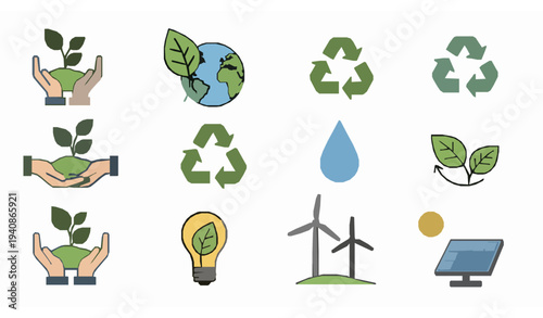 World Environment Day eco icon set with recycling earth plant and green energy symbols isolated on white background