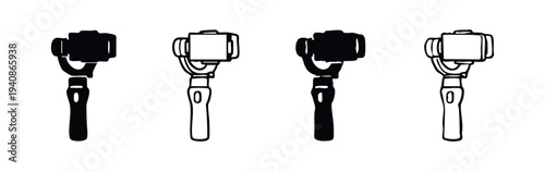Camera Gimbal Stabilizer Handheld Device Vector Icons Set. Action Camera Mount System for Smooth Video Recording.
