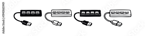 USB Hub or Power Strip with Multiple Ports Vector Icons Set. Electronic Device for Connectivity and Charging.