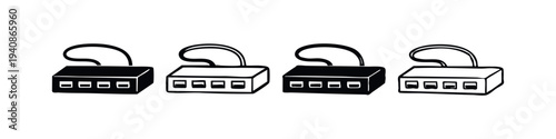 Compact Router or Network Device Vector Icons Set. Internet Hub with Multiple Ports for Connectivity.
