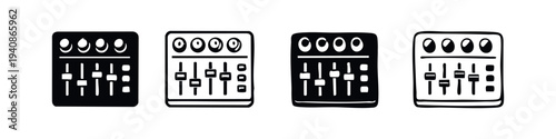Audio Mixer or DJ Controller Vector Icons Set. Sound Mixing Console with Faders and Knobs Illustration.