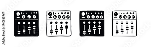 Professional Audio Mixer or Synthesizer Vector Icons Set. Sound Production Control Panel with Advanced Features.