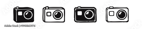 Digital Camera Icons Set. Hand Drawn Point-and-Shoot Photography Device Symbols. Electronic Gadget Vector Collection.