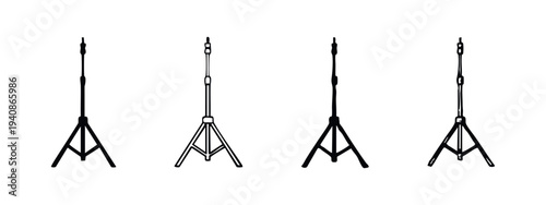 Light Stand and Tripod Icons Set. Hand Drawn Studio Lighting Equipment Symbols. Photography Support Vector Illustration.