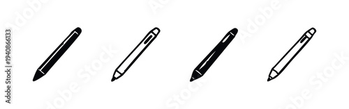 Hand-drawn stylus pen icon set. Four variations of a digital pen for tablets or touchscreens.