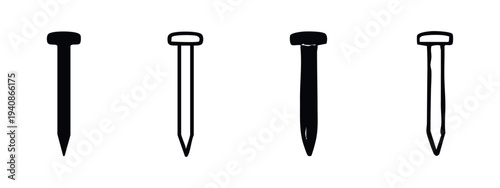 Set of nail icons in black and outline styles, carpentry fasteners vector illustration