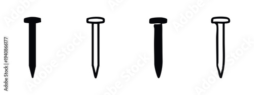 Set of nail icons in black and outline styles, carpentry fasteners vector illustration