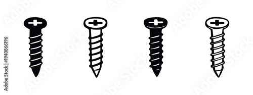 Wood screw icon set with Phillips head, vector illustration for carpentry and fastening