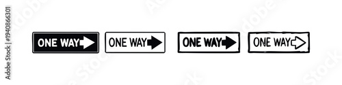 Assortment of "One Way" directional signs with right-pointing arrows in different artistic renditions.