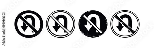 Collection of "No U-Turn" prohibition signs in various hand-drawn and solid styles, traffic rules.