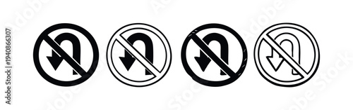 Variety of "No U-Turn" traffic signs, presented in different artistic and stylistic interpretations.