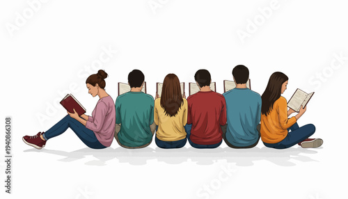 Illustration of diverse people sitting in a row reading books on Read Across America Day with a colorful and lively design.