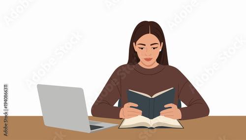 A woman reads a book while sitting at a desk with a laptop, on Read Across America Day, in a simple vector illustration design.