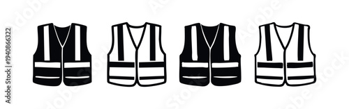 Collection of safety vest icons with reflective stripes in diverse design styles, worker protection.