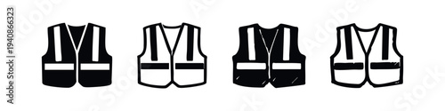 Safety Vest Icons Collection. High Visibility Vest Vector Set. Reflective Workwear Symbol Pack. Worker Protection Uniform.