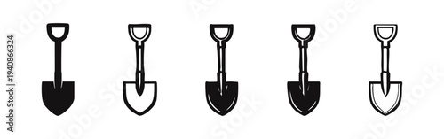 Hand Drawn Shovel Icons Collection. Artistic Digging Tool Sketch Vector Set. Garden and Construction Shovel Symbols.