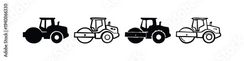 Road Roller Icons Set. Construction Vehicle Vector Collection. Compactor Machine Symbol Pack. Heavy Equipment for Roads.