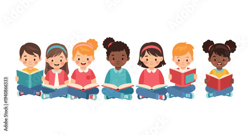 Illustration of diverse children reading books on Read Across America Day with a colorful design for a library event