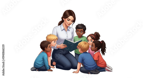 Illustration of a woman reading a book to a diverse group of children on Read Across America Day in a casual setting.