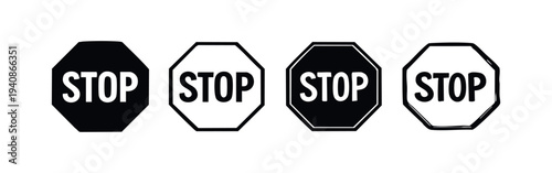 Stop sign icon set in different styles. Vector illustration of traffic signs on a white background.