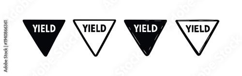 Yield sign icon set in different styles. Vector illustration of triangular road signs on a white background.