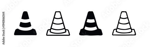 Traffic cone icon set in different styles. Vector illustration of road safety symbols on a white background.