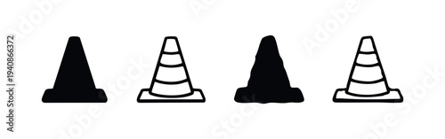 Traffic cone icon set in different styles. Vector illustration of road safety symbols on a white background.