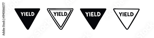 Yield sign icon set in different styles. Vector illustration of triangular road signs on a white background.