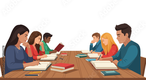 Illustration of diverse group of people reading books together at a table on Read Across America Day in a library setting with a design icon style.