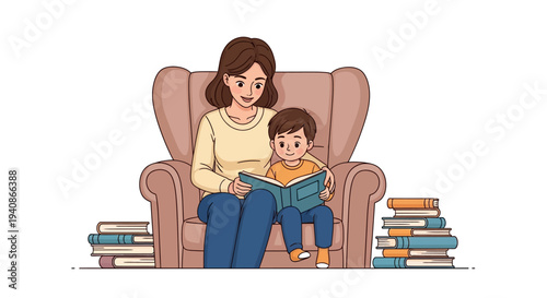 A mother and child sit in a chair reading a book together surrounded by stacks of books on Read Across America Day.