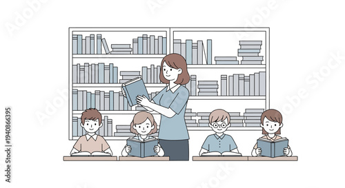 A woman reads a book to four children sitting at desks in a library on Read Across America Day with a simple illustration style.