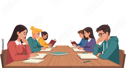 Illustration of diverse group of children and adults reading books together at a table on Read Across America Day in a library setting with a mix of genders.