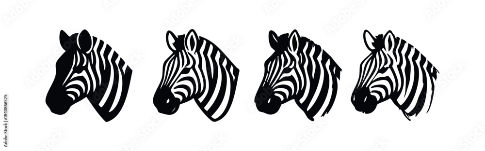 Obraz premium Zebra head icons set in various black and white styles, showcasing stripes and different artistic renditions.