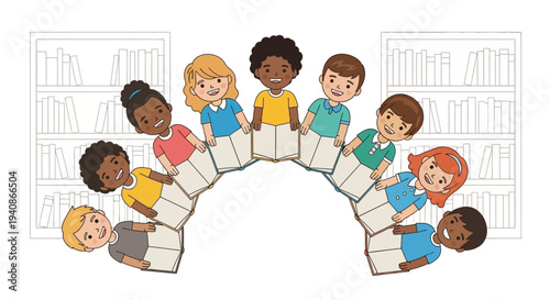 Illustration of diverse children and family members forming a semicircle with books on Read Across America Day in a library setting with a design icon style.