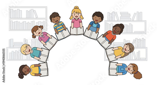 Illustration of diverse children sitting in a circle reading books on Read Across America Day in a library setting with a design icon style.