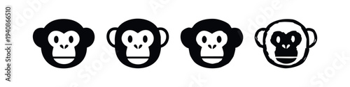 Monkey face icons set in various black and white styles, including solid, outline, and textured expressions.