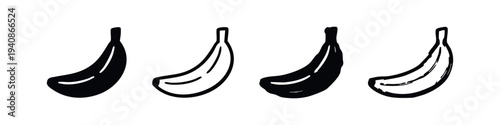 Collection of banana icons in various black and white styles, from solid to sketchy outlines.