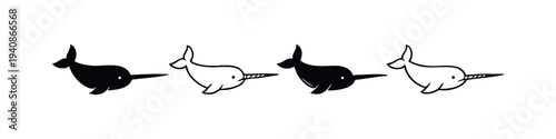 Stylized Narwhal Vector Icons, Cute Marine Animal Illustrations