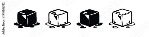 Melting ice cube icon set (tall). Cold frozen water block simple flat and line art vector illustration.
