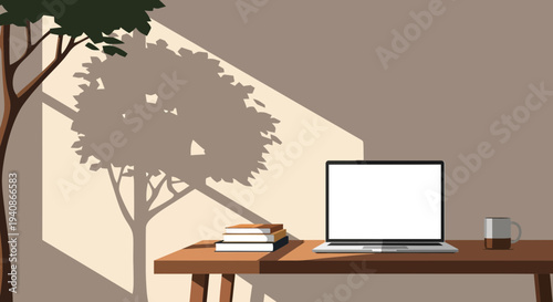Laptop on Wooden Desk with Sunlight and Tree Shadow, Minimalist Workspace