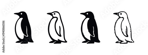 Penguin icon set (version 2). Antarctic bird simple flat and line art vector illustration.