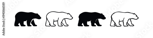 Bear icon set (version 1). Wild animal simple flat and line art vector illustration.