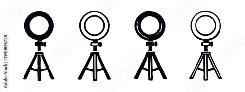 Ring light with adjustable tripod stand vector icon set, ideal for video calls, selfies, and live streaming.
