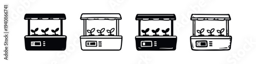 Indoor hydroponic smart garden system vector icon set for home growing of plants and herbs.
