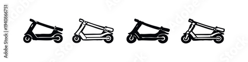 Folded electric scooter vector icon set. Portable and compact e-scooter for convenient urban travel.