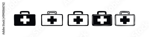 First Aid Kit Icons Set, Medical Emergency Bag with Cross Symbol Doodle Illustrations